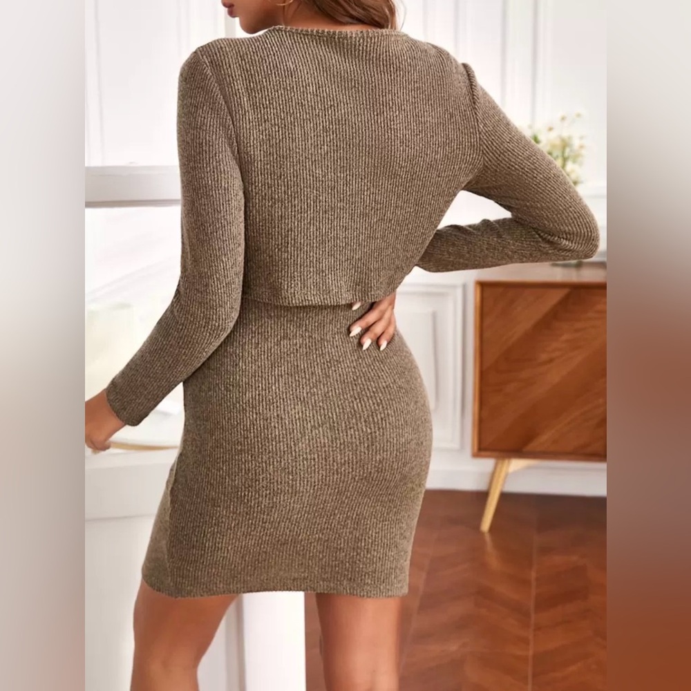 Maternity Ribbed Knit Two-Piece Dress Set in Taupe - Picture 2 of 4